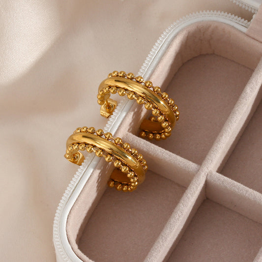 Orecchini a cerchio da donna in acciaio inossidabile placcati oro 18 carati stile bohémien con design geometrico di perline e pizzo