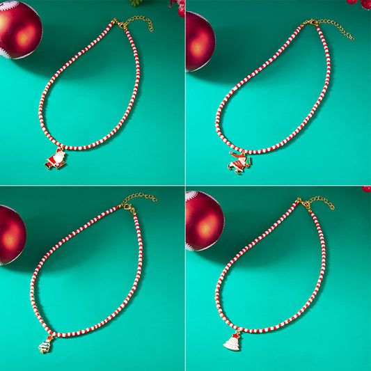 Collar con colgante de árbol de Navidad con Papá Noel y muñeco de nieve de estilo vintage francés para mujer con perlas de imitación y acabado esmaltado