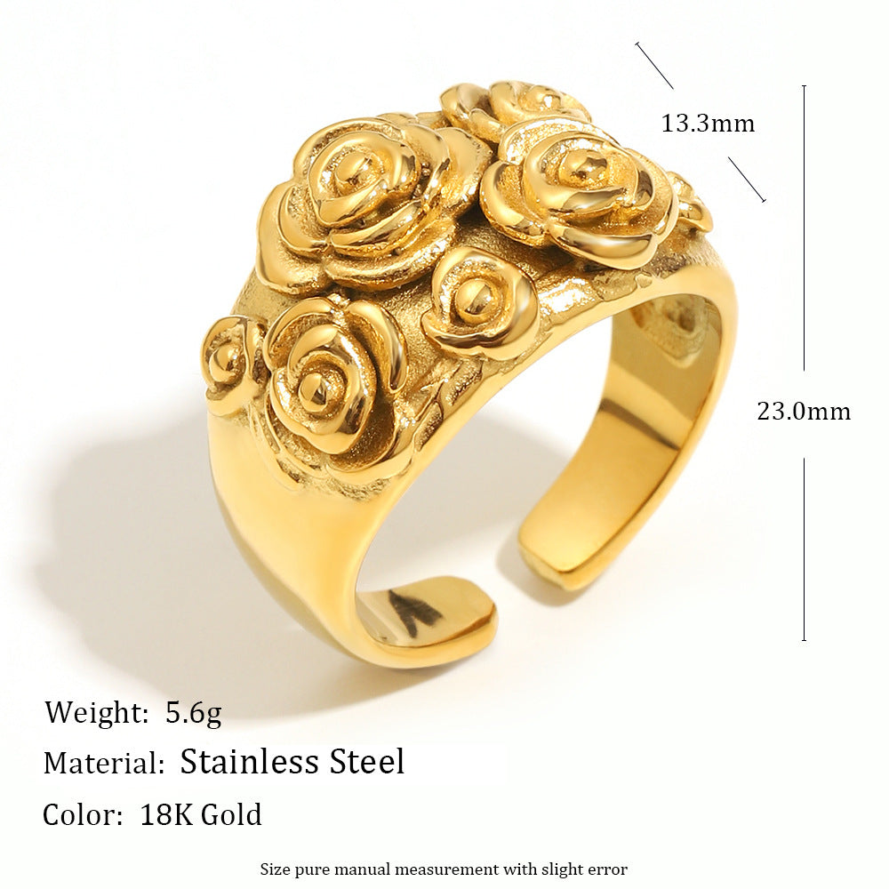 Anillo Abierto Floral de Estilo Francés Vintage de Acero Inoxidable con Baño de Oro de 18K para Mujer