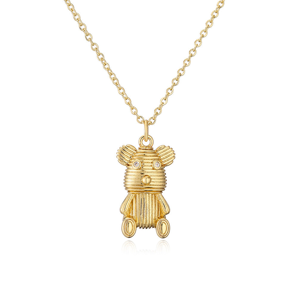 Owl and Bear Pendant Necklace for Women in Copper with 18K Gold Plating and Zircon Inlay, Geometric Shape, Minimalist Luxury Locket Chain