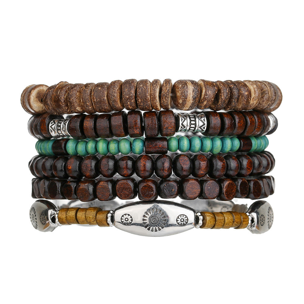 Vintage Hip-hop Round Wood Bead Alloy Multi-layer Stretch Bracelet Set