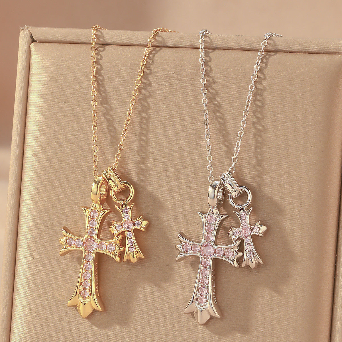 Luxury Sweet Double Cross Pendant Plated Titanium Steel Necklace with Curb Chain for Women