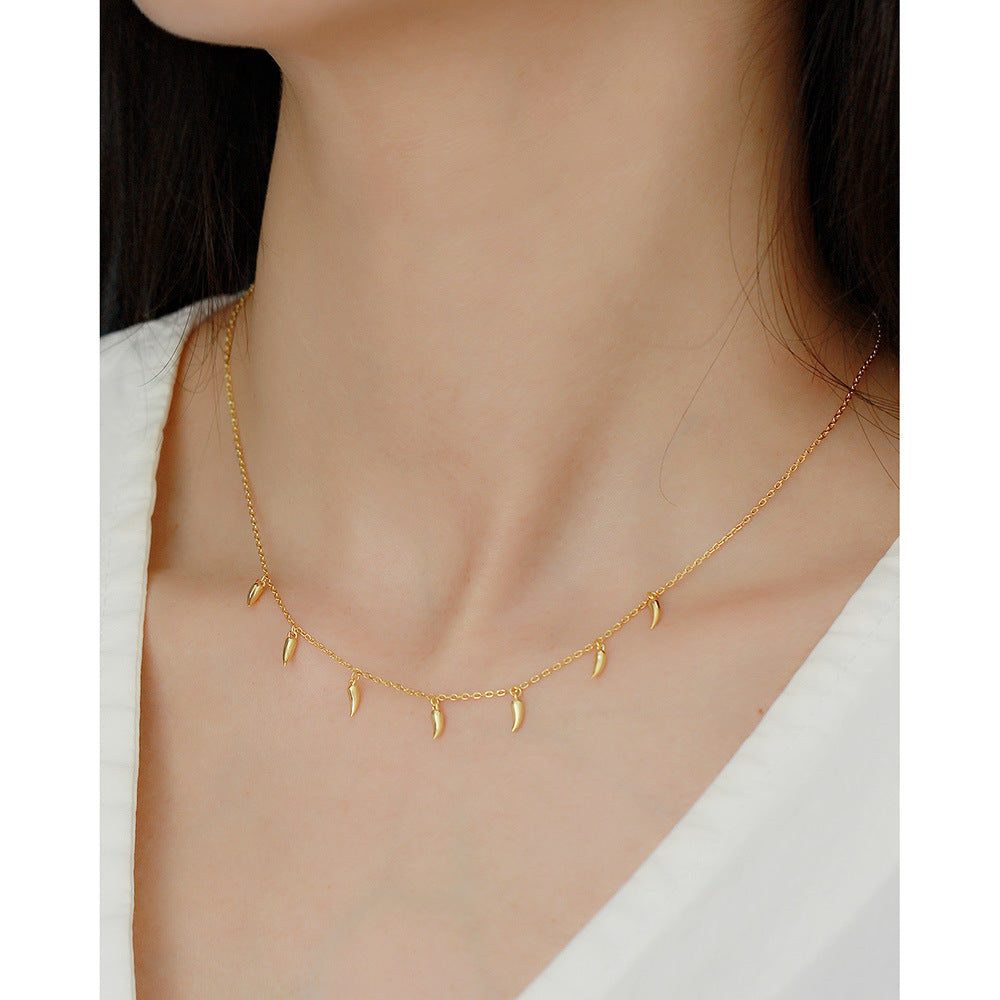 925 Sterling Silver Geometric Wolf Tooth Pendant Necklace Plated Curb Chain Minimalist Clavicle Chain for Women