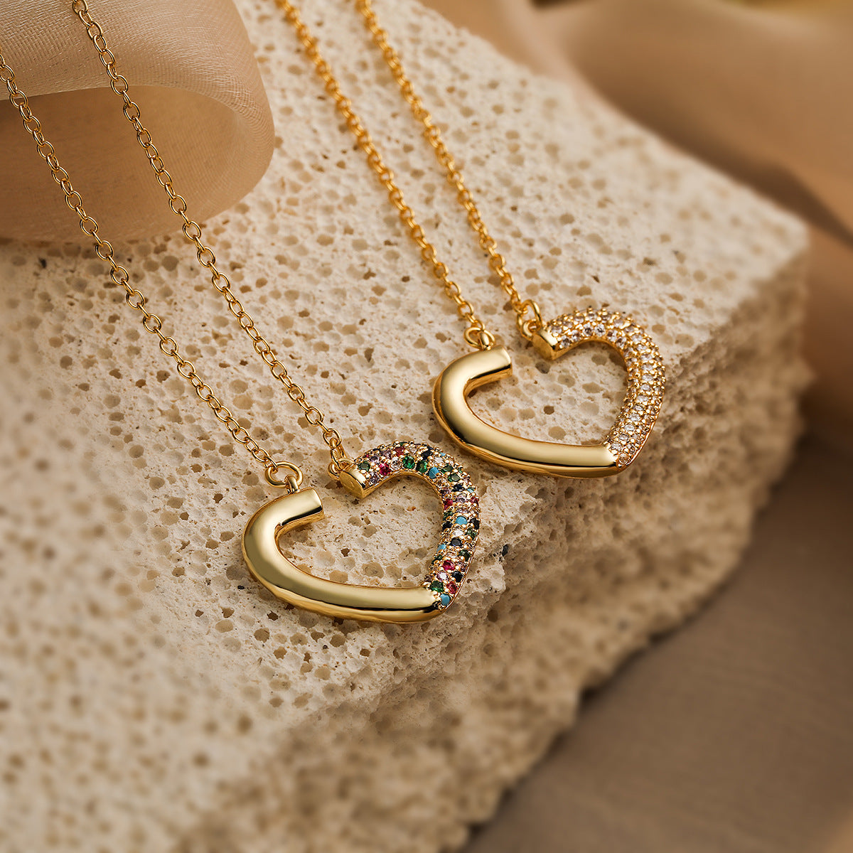 Minimalist Open Heart Pendant Necklace for Women Made of Brass with Real Gold Plating and Cubic Zirconia