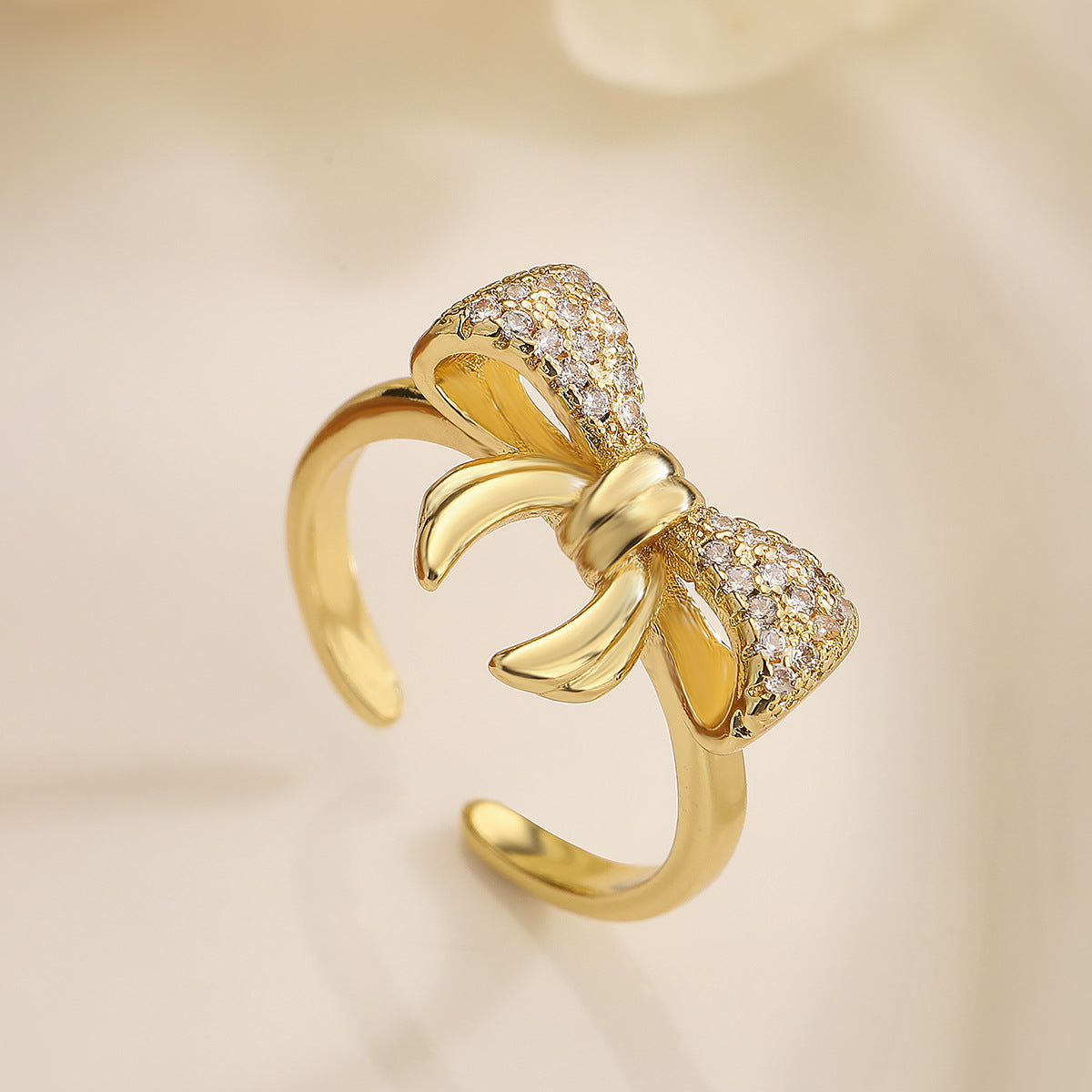 Minimalist Bowknot-Shaped Open Ring for Women Made of Copper with Micro-Pave Zirconia Accents