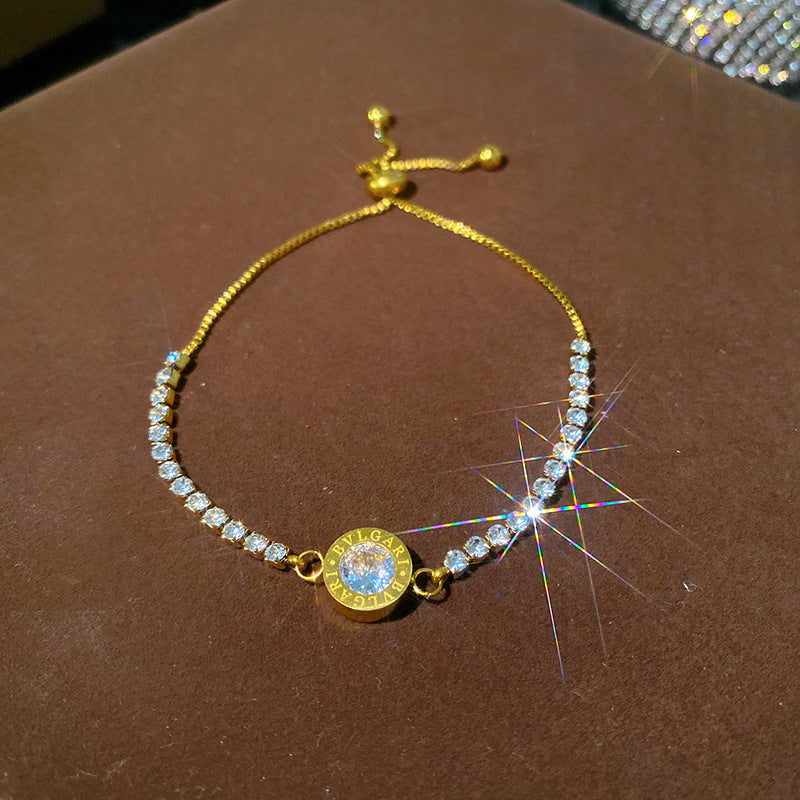 Minimalist Elegant Geometric Micro-Inlaid Cubic Zirconia Plated Stainless Steel Adjustable Bracelet for Women