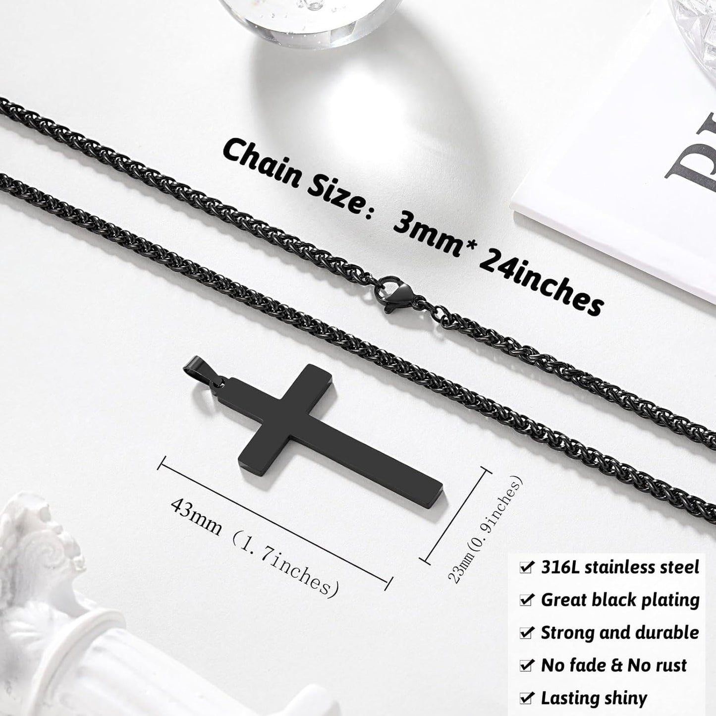 Casual Men's Cross Pendant Necklace Stainless Steel Alloy Snake Chain Adjustable Cord Faith Jewelry