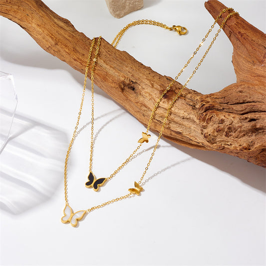 Minimalist Butterfly-Shaped Titanium Steel Plated Gold Necklace with Double-Layer Chain for Women
