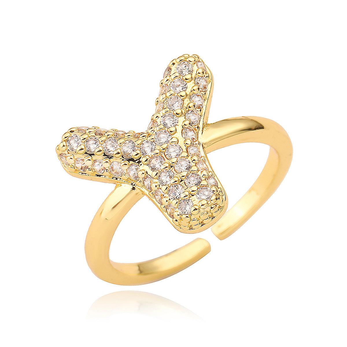 Anillo de cobre minimalista de forma geométrica con letras, chapado en oro de 18K y detalles de circonita para mujer