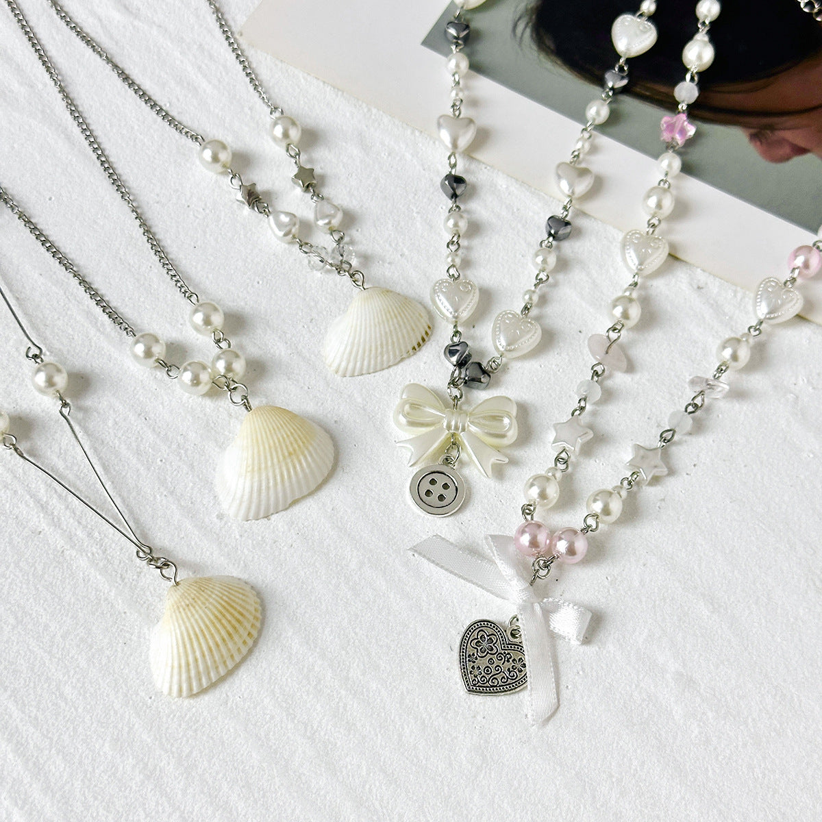 Vintage Sweet Heart Geometric Shell Pearl Alloy Plated Necklace for Women