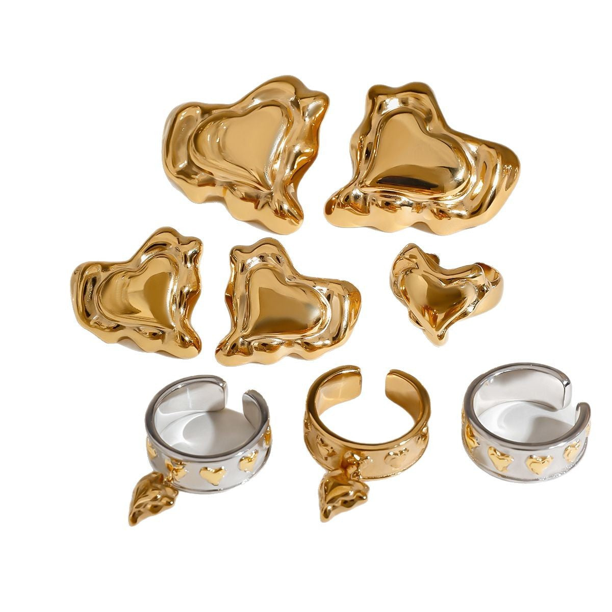 Heart-Shaped Titanium Steel Earrings and Stainless Steel Ring Set with Plated Finish for Women