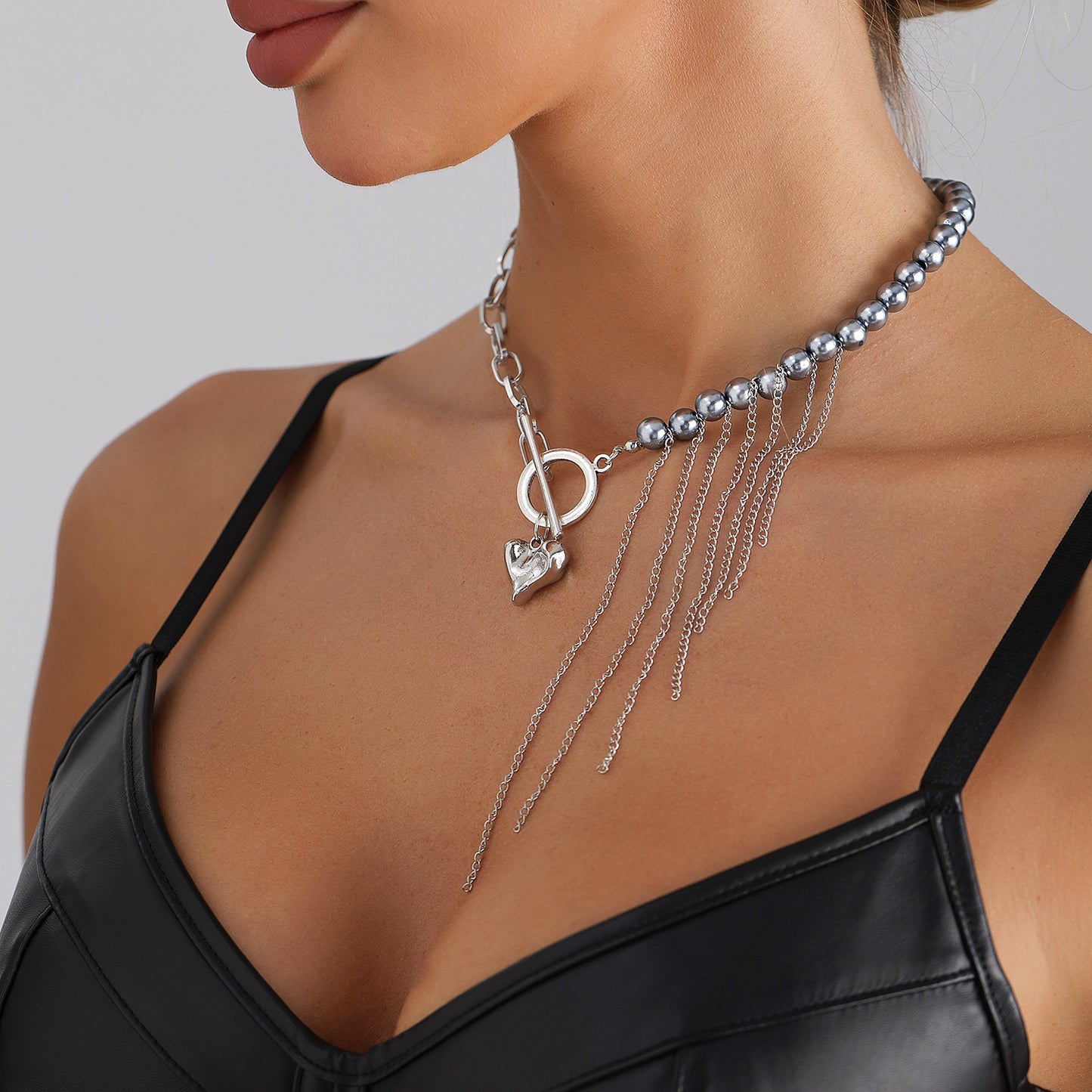 Irregular Heart Geometric Alloy Plated Pendant Necklace with Tassel and Gray Ball Chain