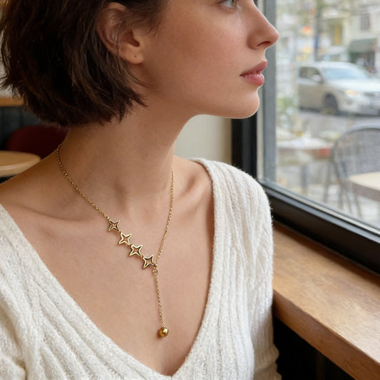 Collar de Lujo con Colgante de Estrella de Acero Inoxidable con Baño de Oro de 18K y Borla para Mujer