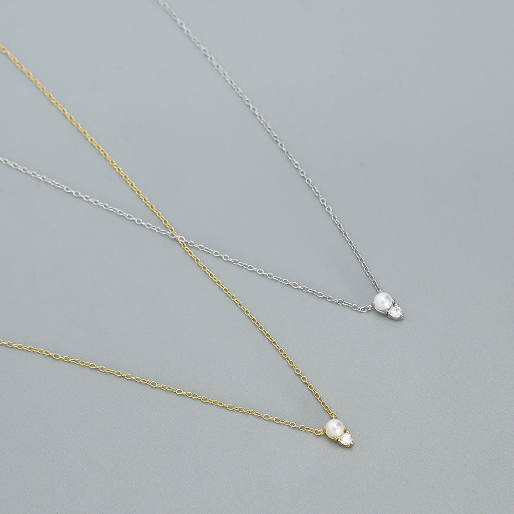 Collana da donna a catena maglia barbazzale placcata in argento sterling 925 con perla rotonda geometrica e diamante, stile minimalista