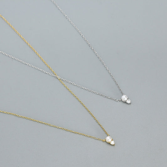 Collar Minimalista de Plata Esterlina 925 con Diseño Geométrico Redondo, Perla y Diamantes, con Cadena de Eslabones para Mujer