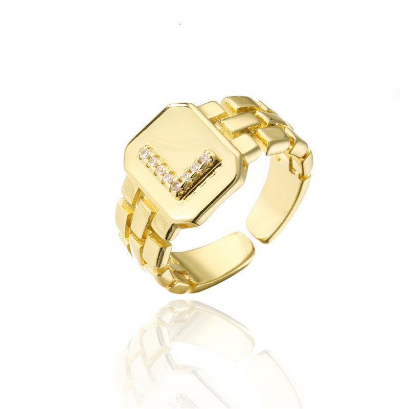Minimalist Adjustable Open Ring with 18K Gold Plated Copper Band and AAA Zircon Letters Design
