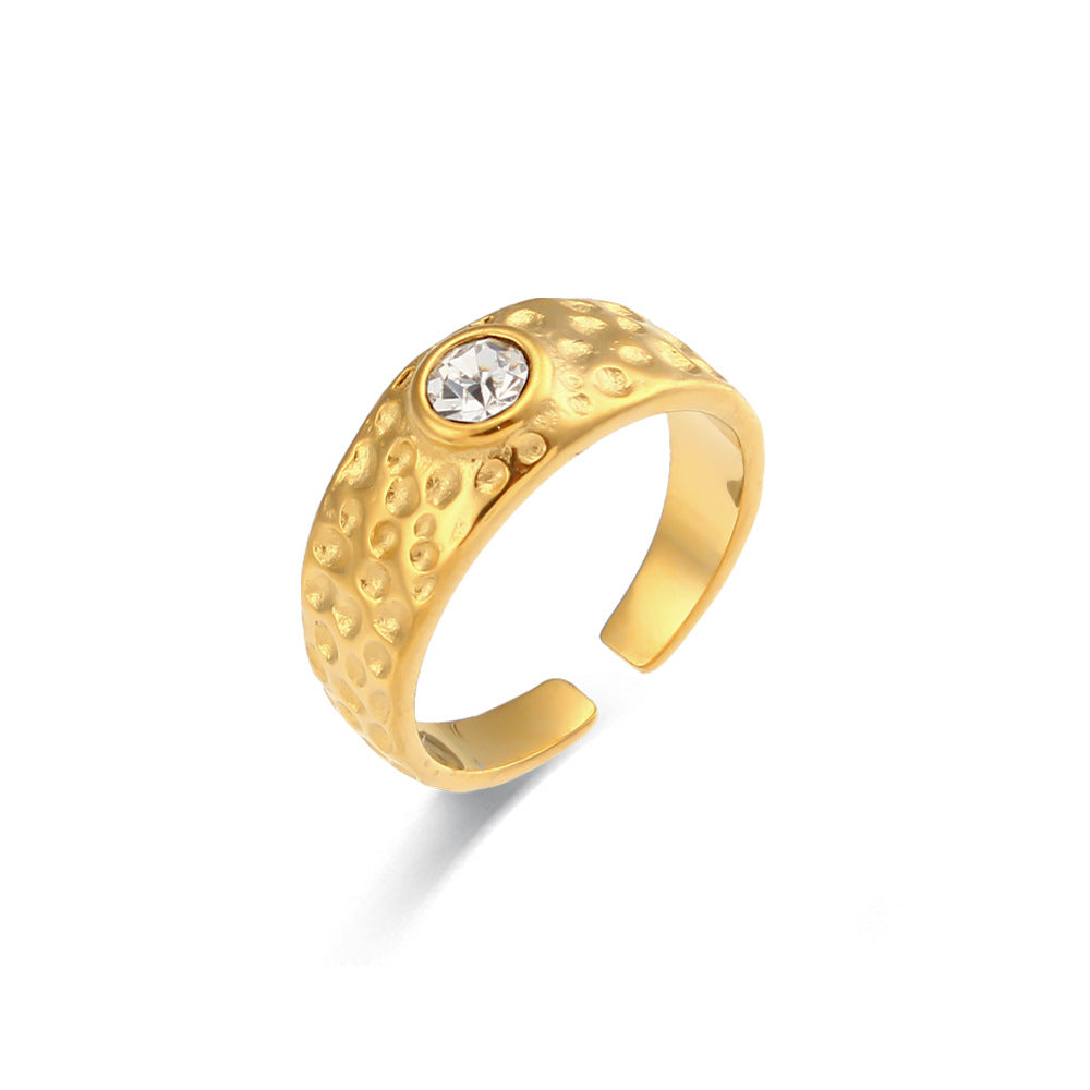 Minimalist Geometric Stainless Steel Plated 18K Gold Moon Surface Ring with Zirconia Accent for Women