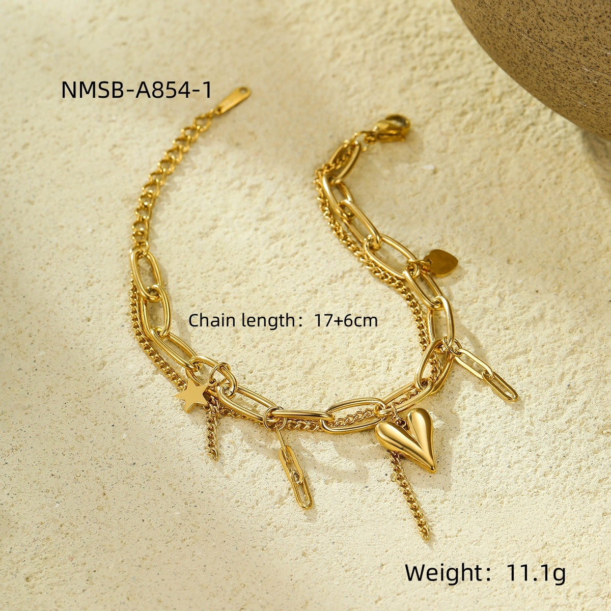 Bracciale doppio strato in acciaio inossidabile placcato oro 18 carati a forma di cuore geometrico e stella, alla moda