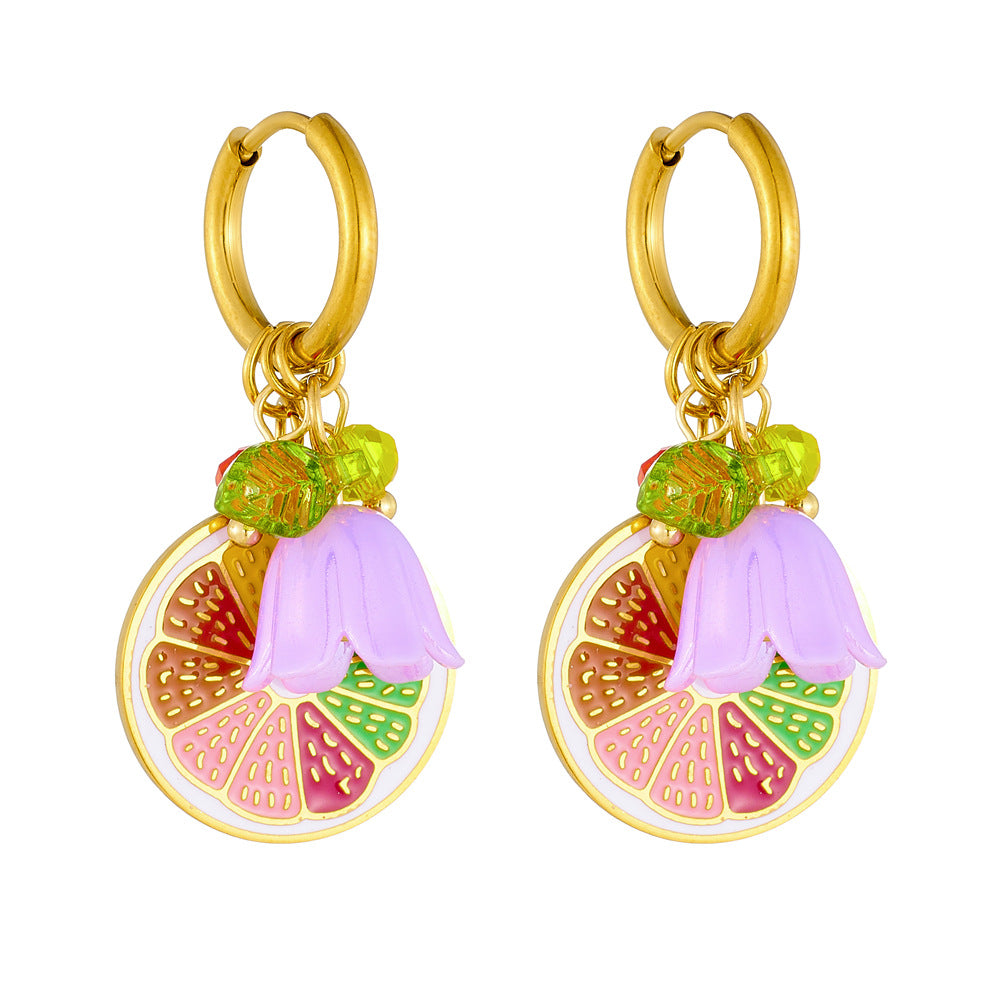 Sweet Cartoon Round Plated Stainless Steel Earrings with Lemon and Flower Pattern