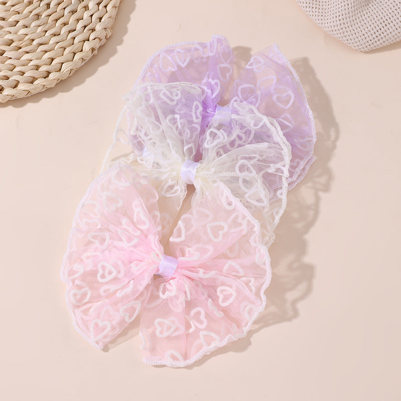 Natural Style Bow-Shaped Hair Clip for Kids Made of Plastic Resin with Ruffled Mesh and Spring-Loaded Duckbill Design