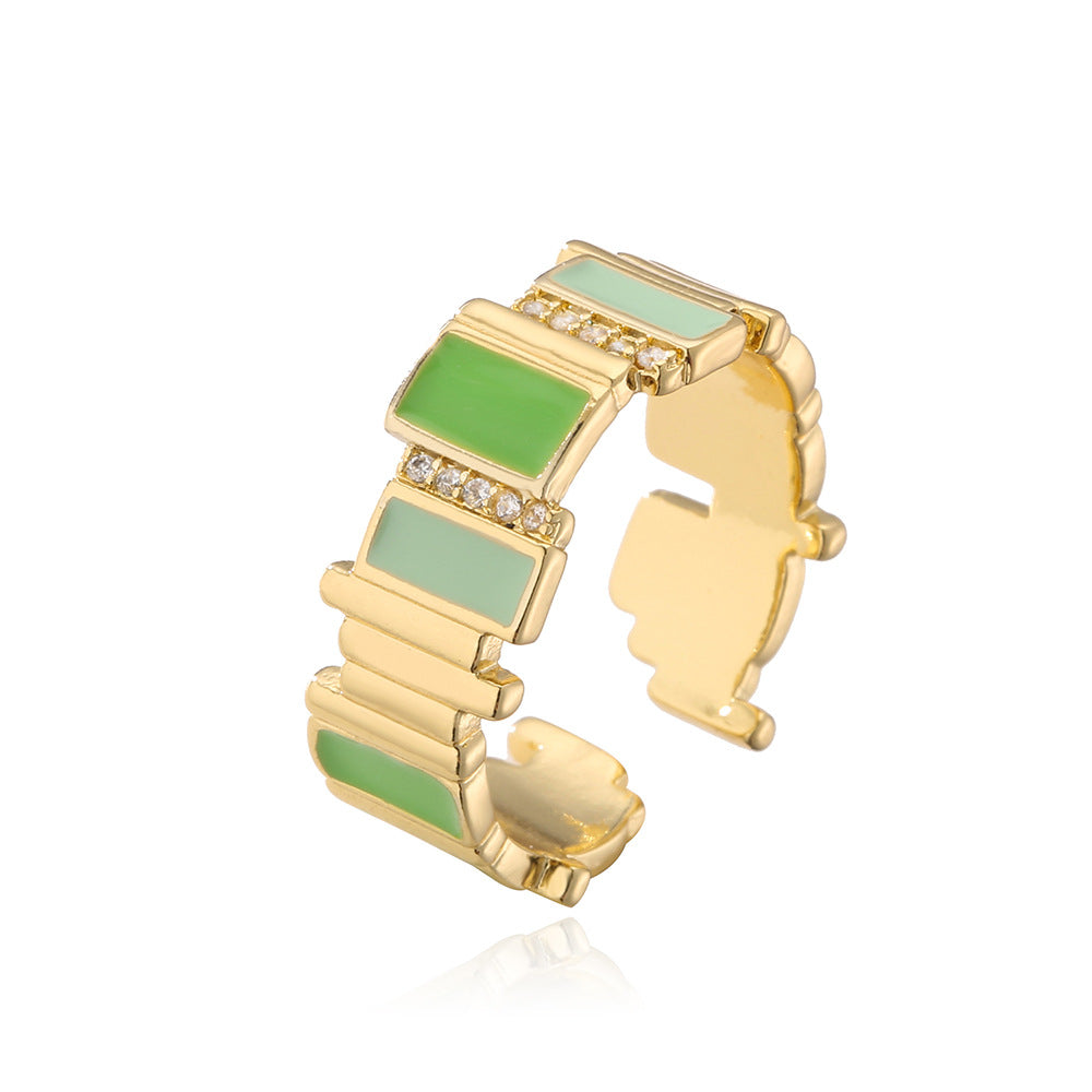 Geometric Open Ring for Women with Copper Base Plated in Real Gold Featuring Zircon Inlay and Enamel Finish