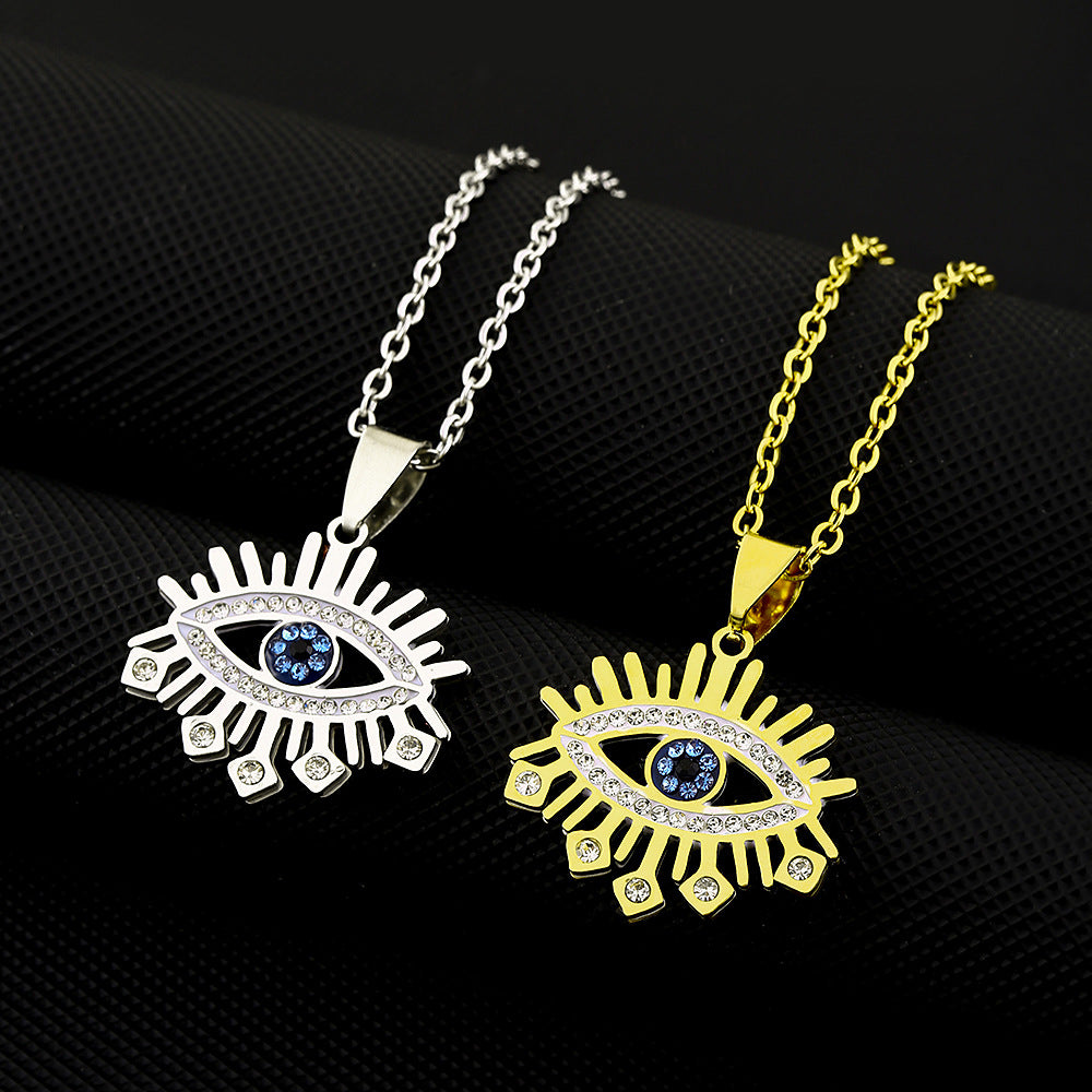 Elegante collar geométrico de ojo turco de acero inoxidable para mujer con colgante de acero de titanio y acabado electrochapado en cadena O