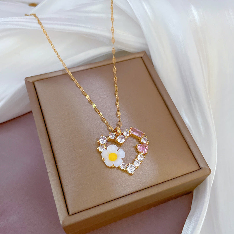 Minimalist Heart-Shaped Titanium Steel Necklace with Micro-Paved Zirconia, Gold-Plated Copper Pendant, Floral and Geometric Design