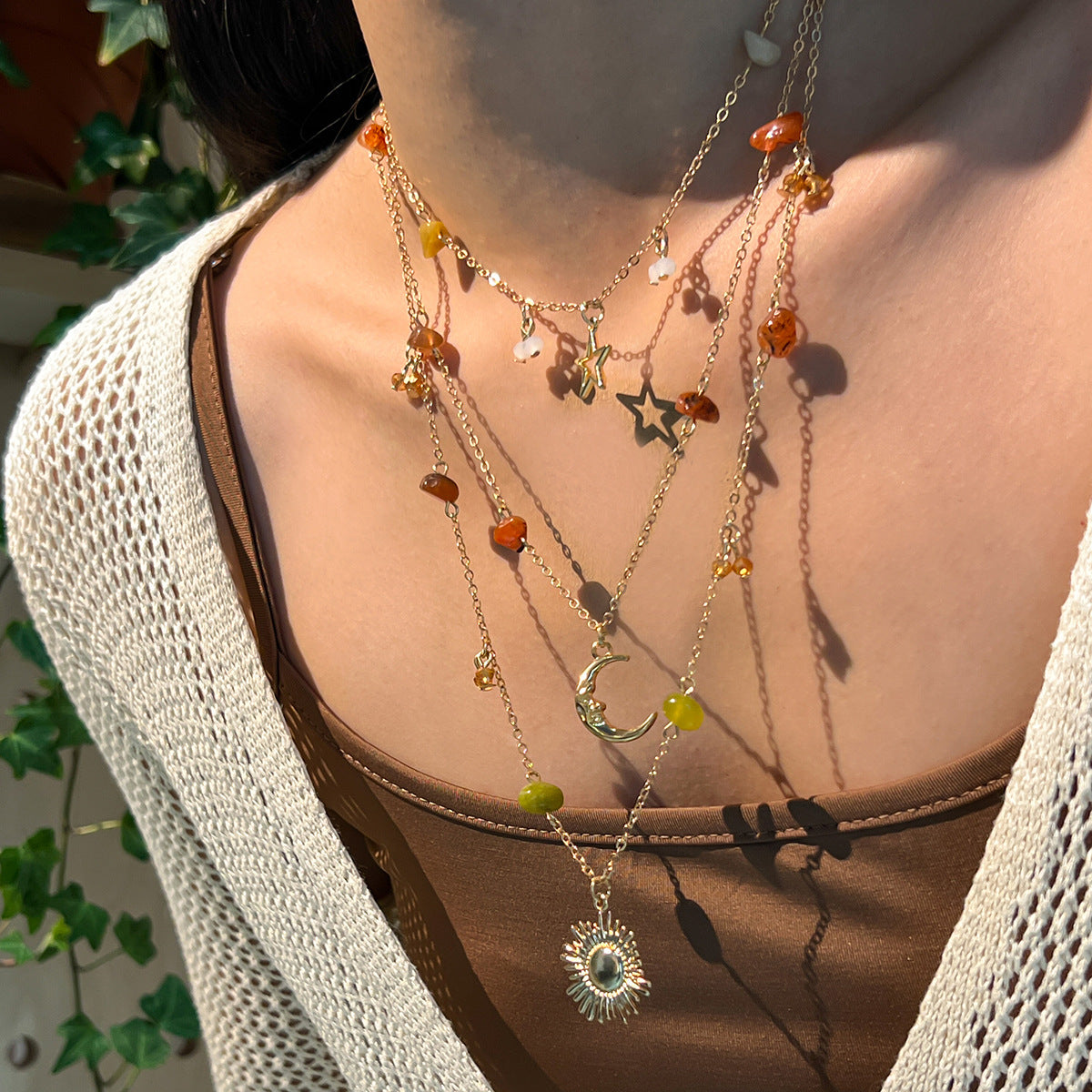 Bohemian Vintage Geometric Moon Zinc Alloy Plated Necklace Set with Tassel for Women