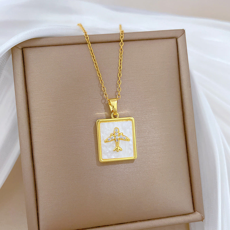 Sweet Square Geometric Rhinestone Titanium Steel Necklace with Brass Pendant for Unisex