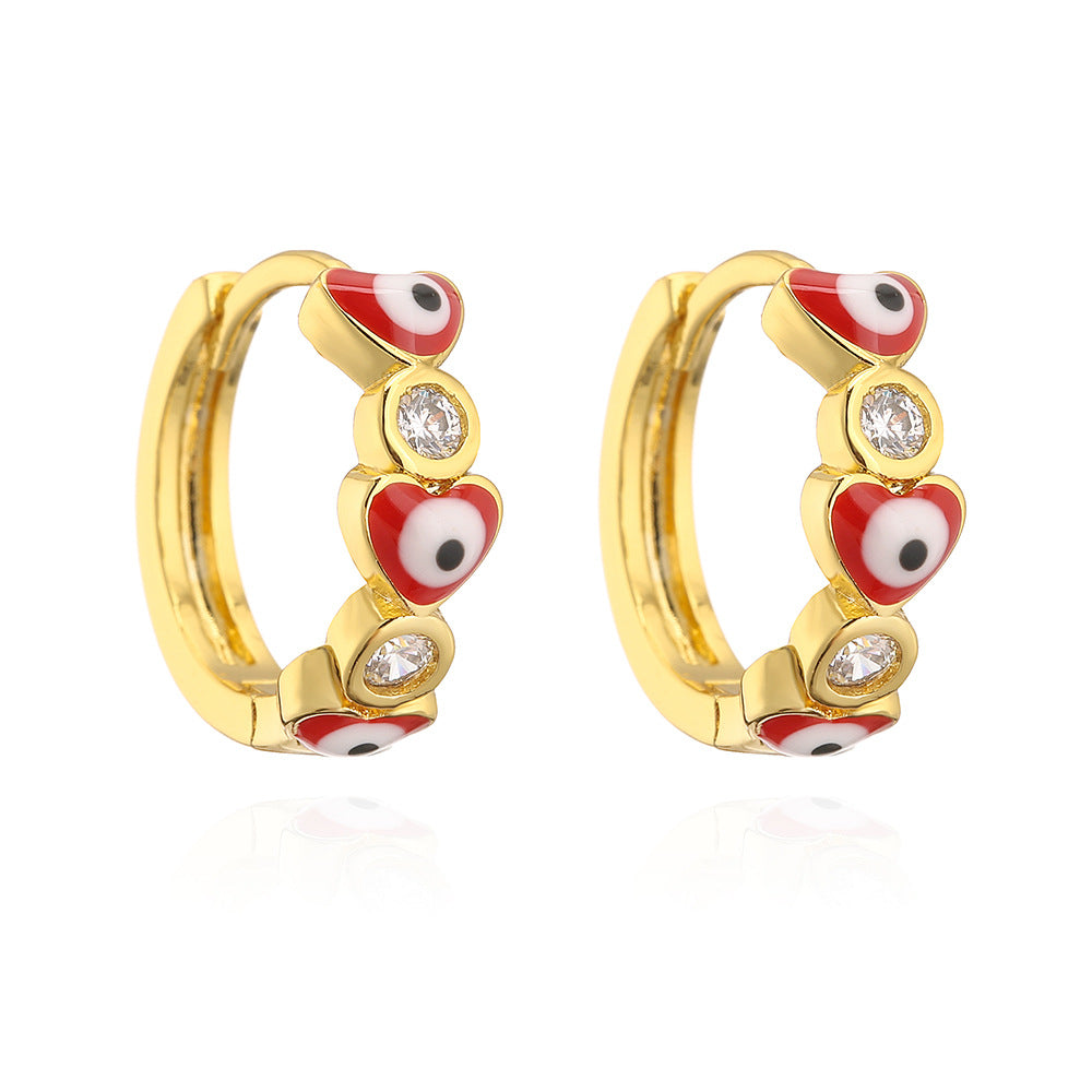 Geometric Demon Eye Earrings for Women with Copper Base Plated in Real Gold and Micro-Paved Zirconia with Enamel Finish