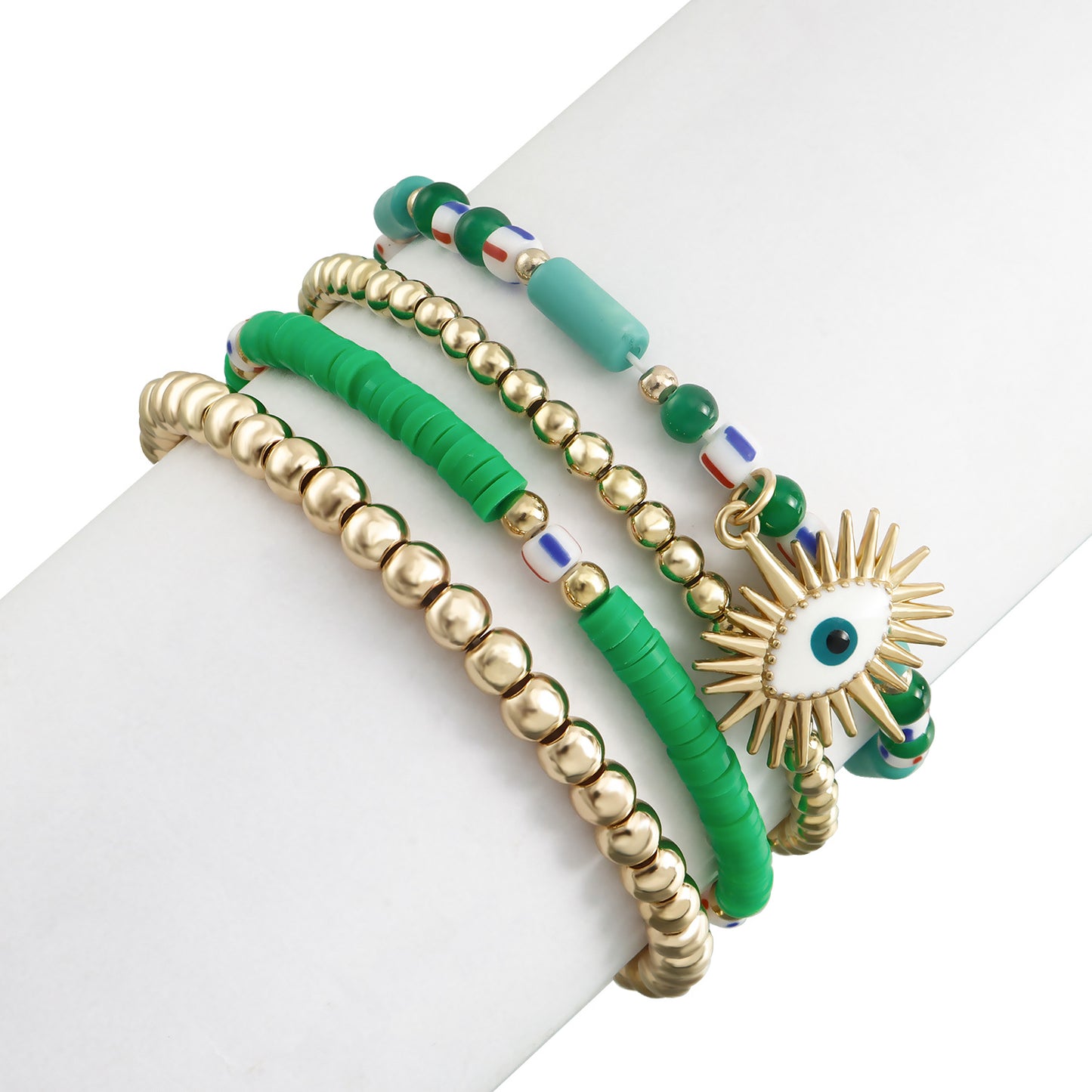 Minimalist Geometric Evil Eye Alloy Bracelet for Women with Plated Finish and Multicolor Polymer Clay Beads