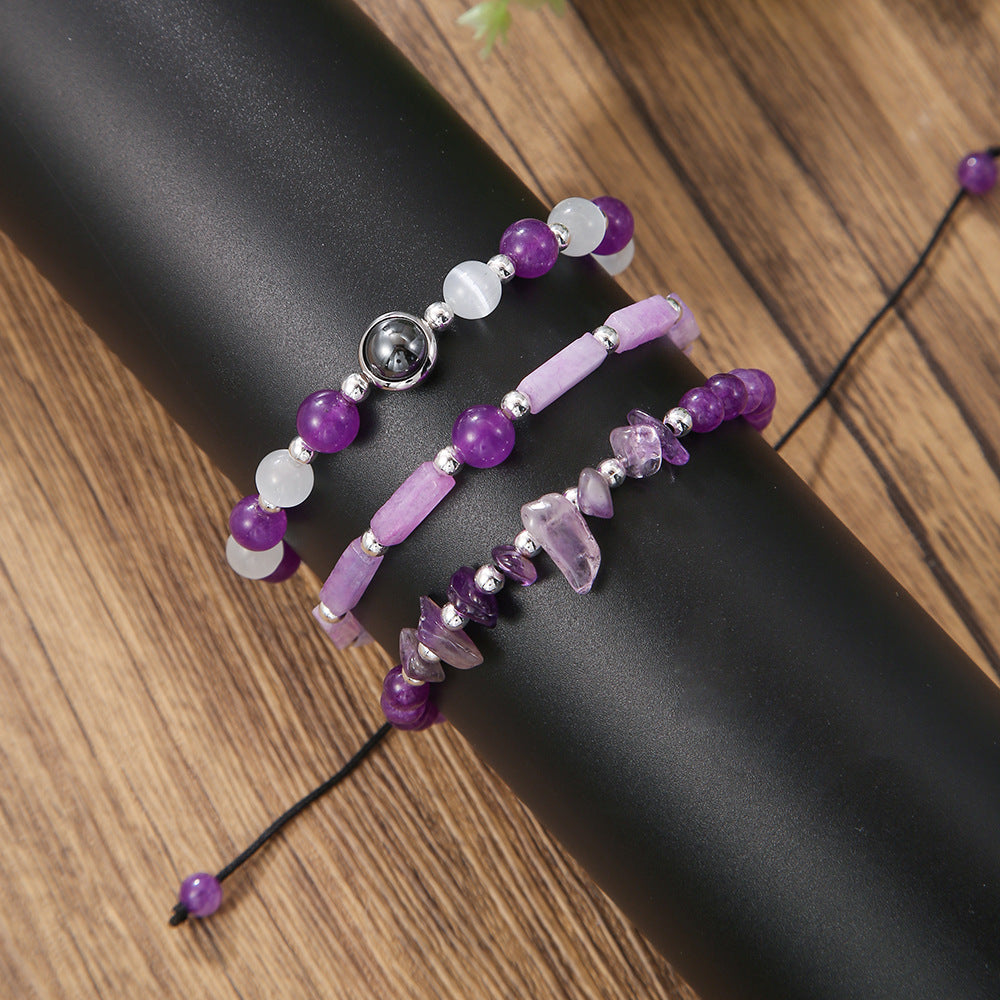 Geometric Amethyst Cat's Eye Stone Bracelet Set