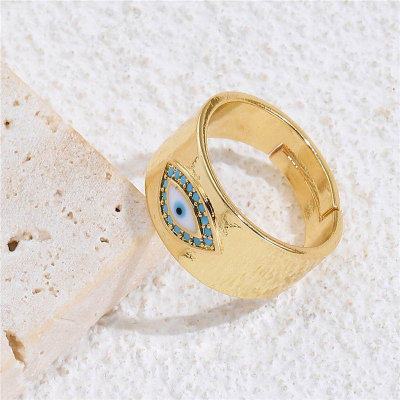 Geometric Open Ring with Turquoise and Cubic Zirconia Inlay, Gold-Plated Copper, Bohemian Style