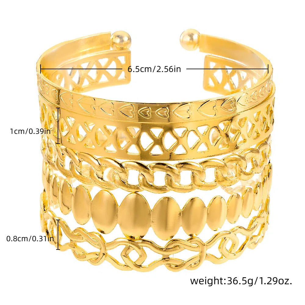 Personalized Geometric Heart Wheat Chain Open Cuff Bracelet Set Alloy Plated Women