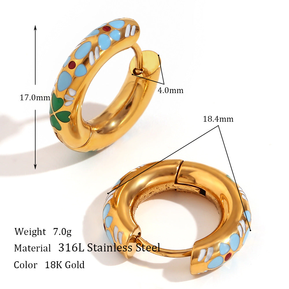 Orecchini a cerchio da donna minimalisti a forma di fiore di trifoglio, in acciaio inossidabile con placcatura in oro 18 carati e finitura smaltata