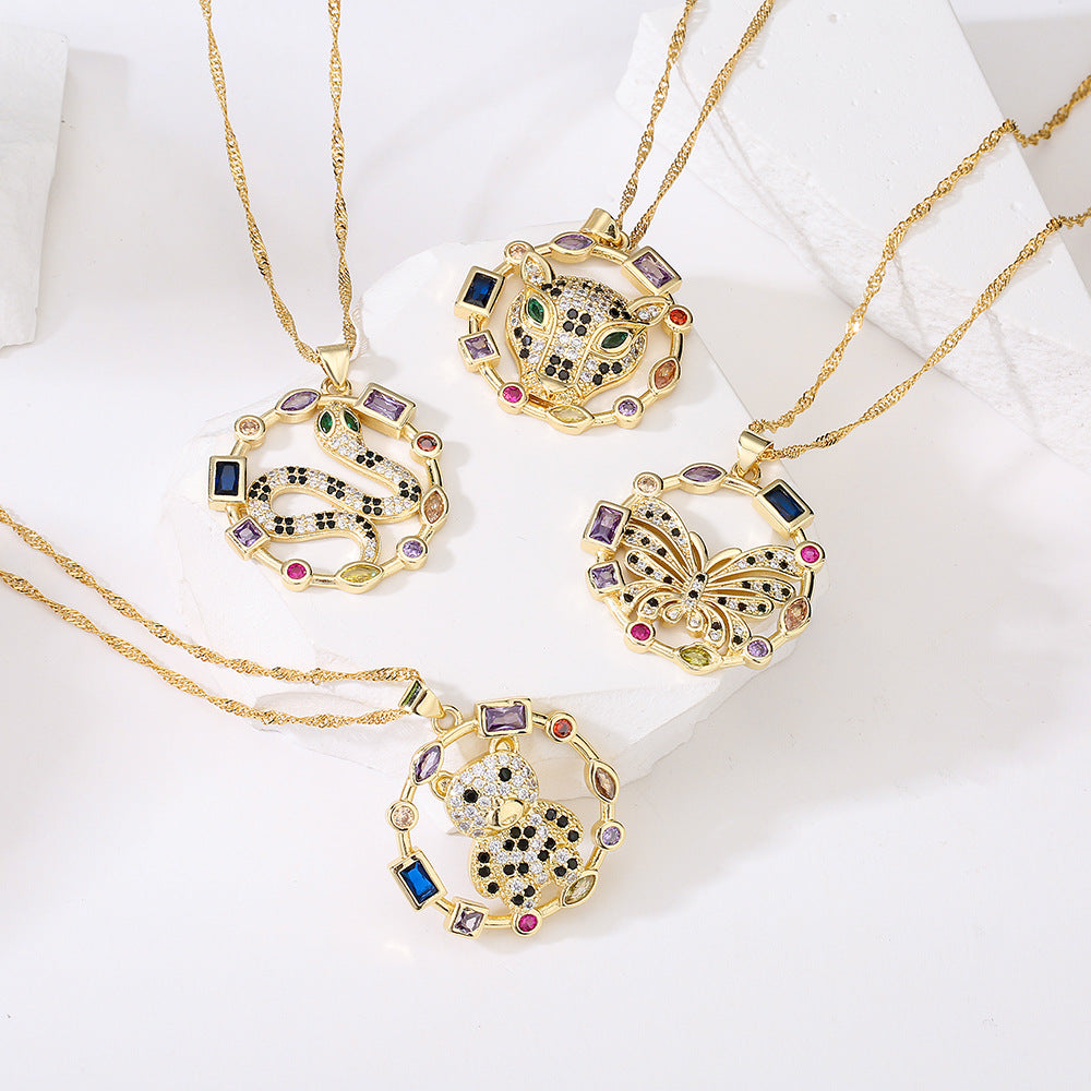 Cute INS-Style Animal Pendant Necklace for Women with Copper Base Plated in 18K Gold and Zircon Inlay
