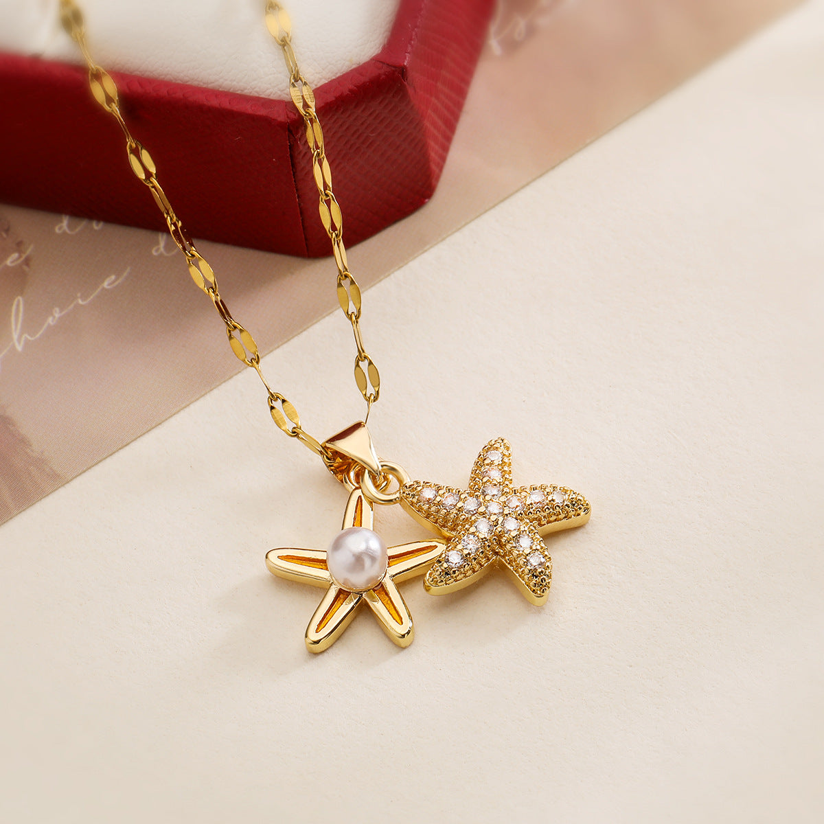Minimalist Starfish Pendant Necklace for Women with Copper Base Plated in 18K Gold and Zircon Inlay
