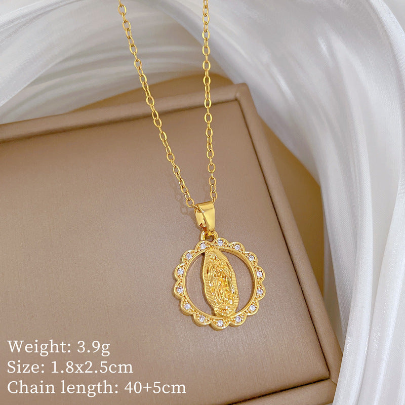 Sweet Round Geometric Titanium Steel Necklace with Cubic Zirconia Inlay and Brass Pendant