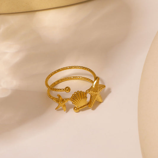 Anillo de acero inoxidable mate texturizado con estrellas y vieiras geométricas minimalistas para regalo unisex