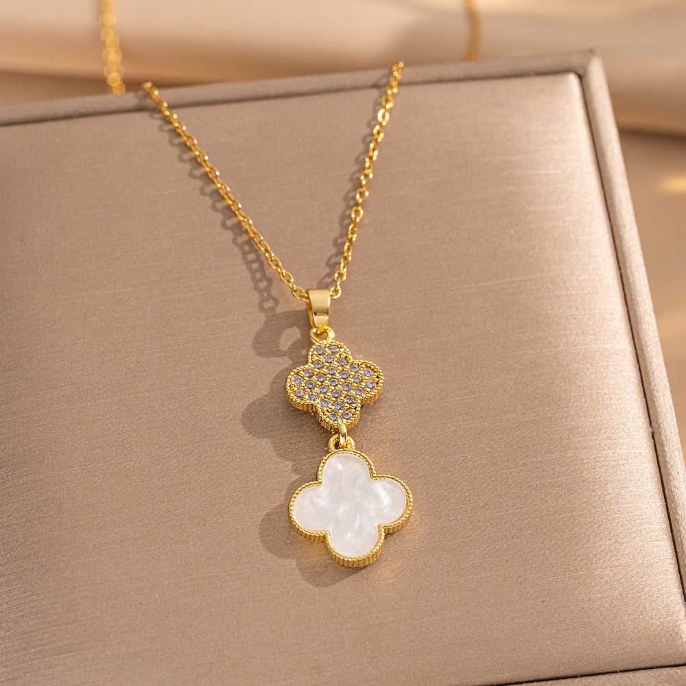 Minimalist Geometric Four-Leaf Clover Pendant Necklace for Women in Titanium Steel with Electroplated Finish