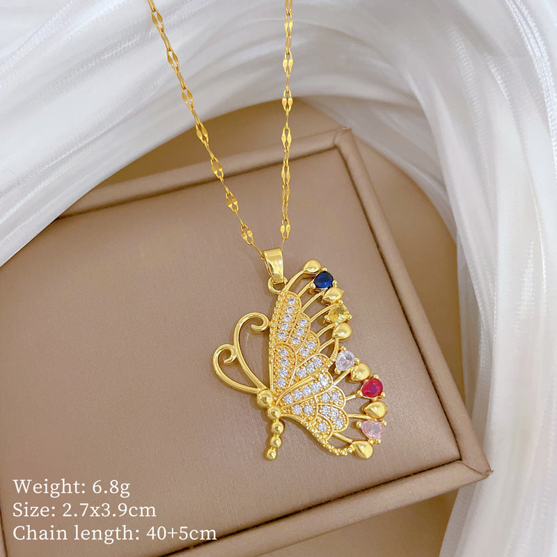 Minimalist Geometric Titanium Steel Necklace with Gold Plated Brass Pendant and Rhinestone Inlay
