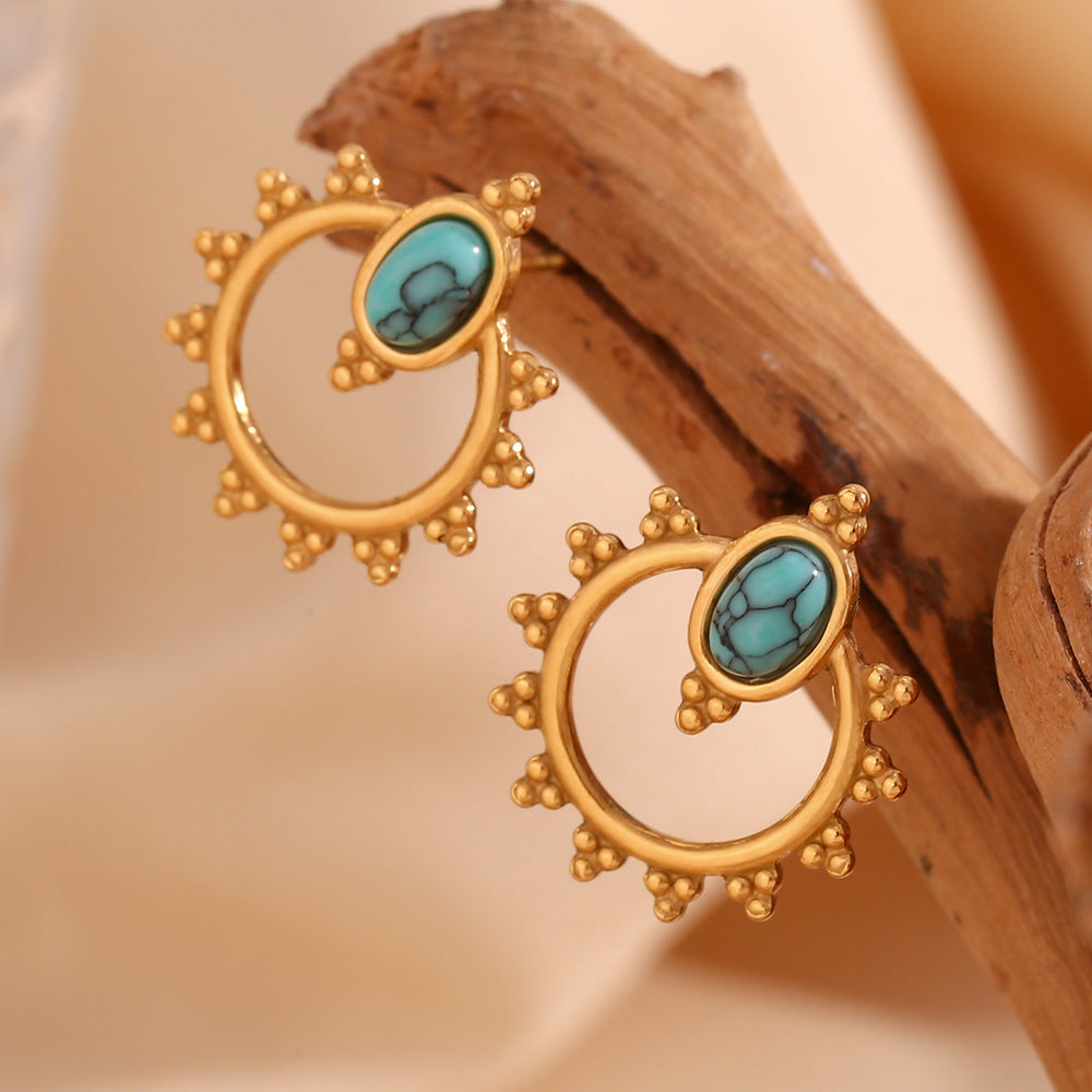 Orecchini a perno ovali geometrici bohémien stile vintage con turchese, da donna, in acciaio al titanio placcato oro 18K