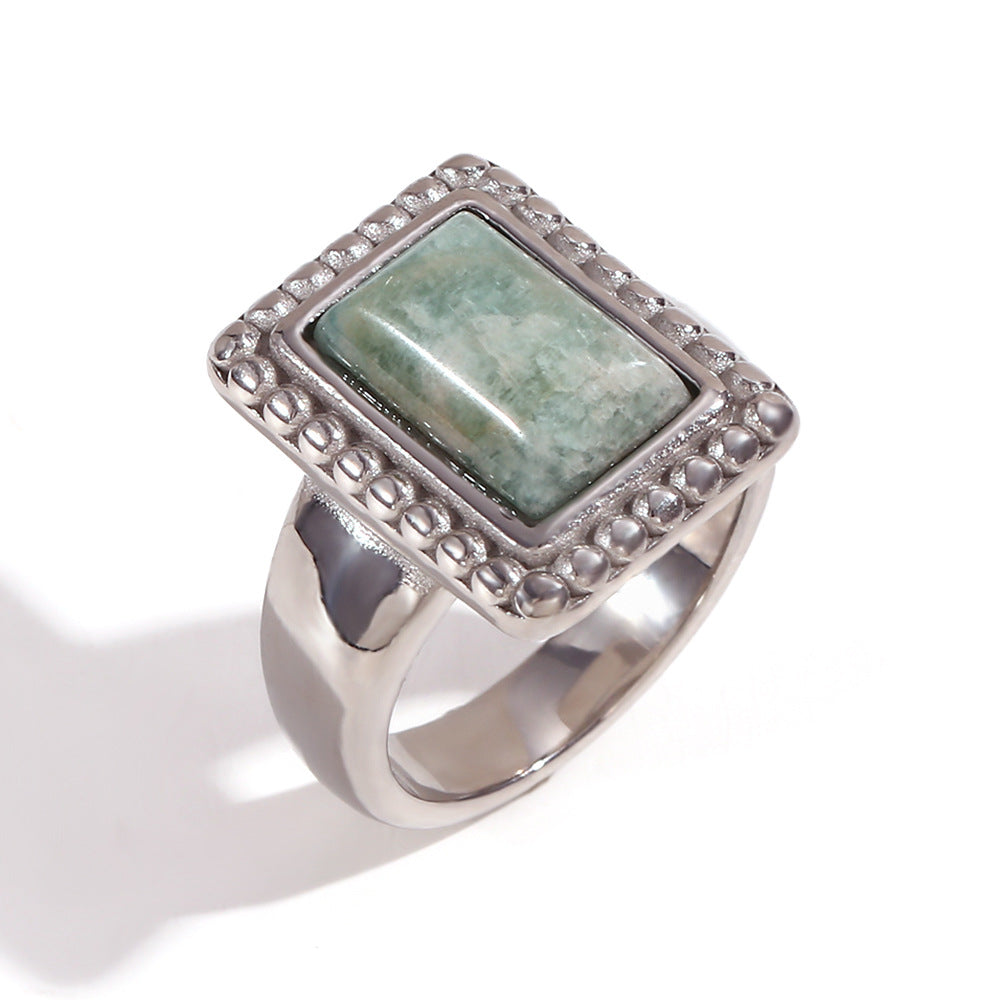 Anello Geometrico in Acciaio Inossidabile d'Ispirazione Vintage con Placcatura in Oro 18K e Accento a Goccia in Pietra Naturale