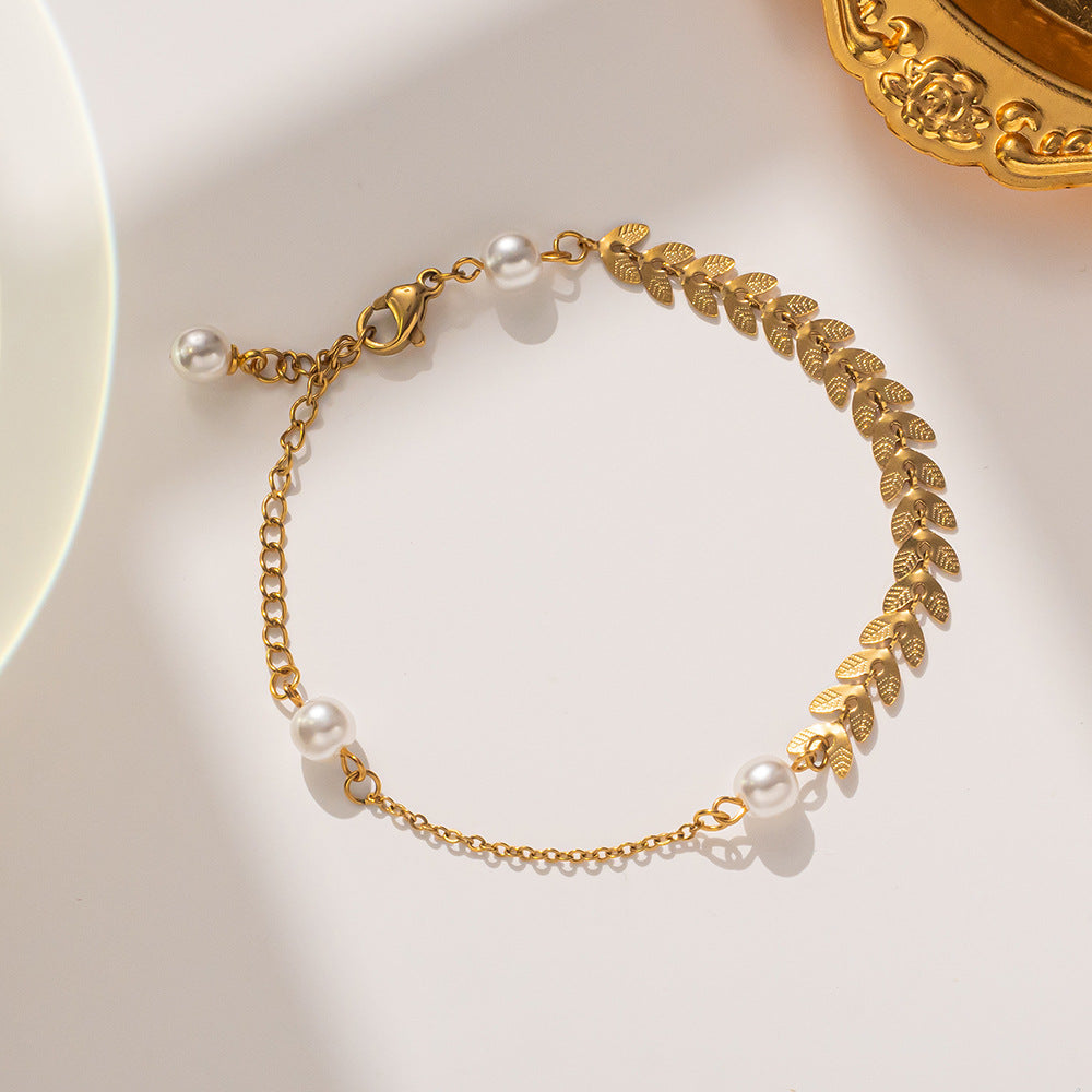 Minimalist Geometric Titanium Steel Bracelet with Pearl Accents for Women, Electroplated Luxury Hand Jewelry