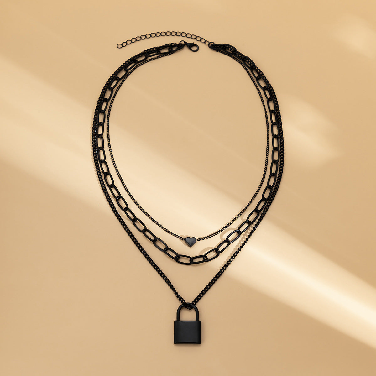 Punk Black Alloy Heart and Cross Pendant Curb Chain Layered Necklace for Women