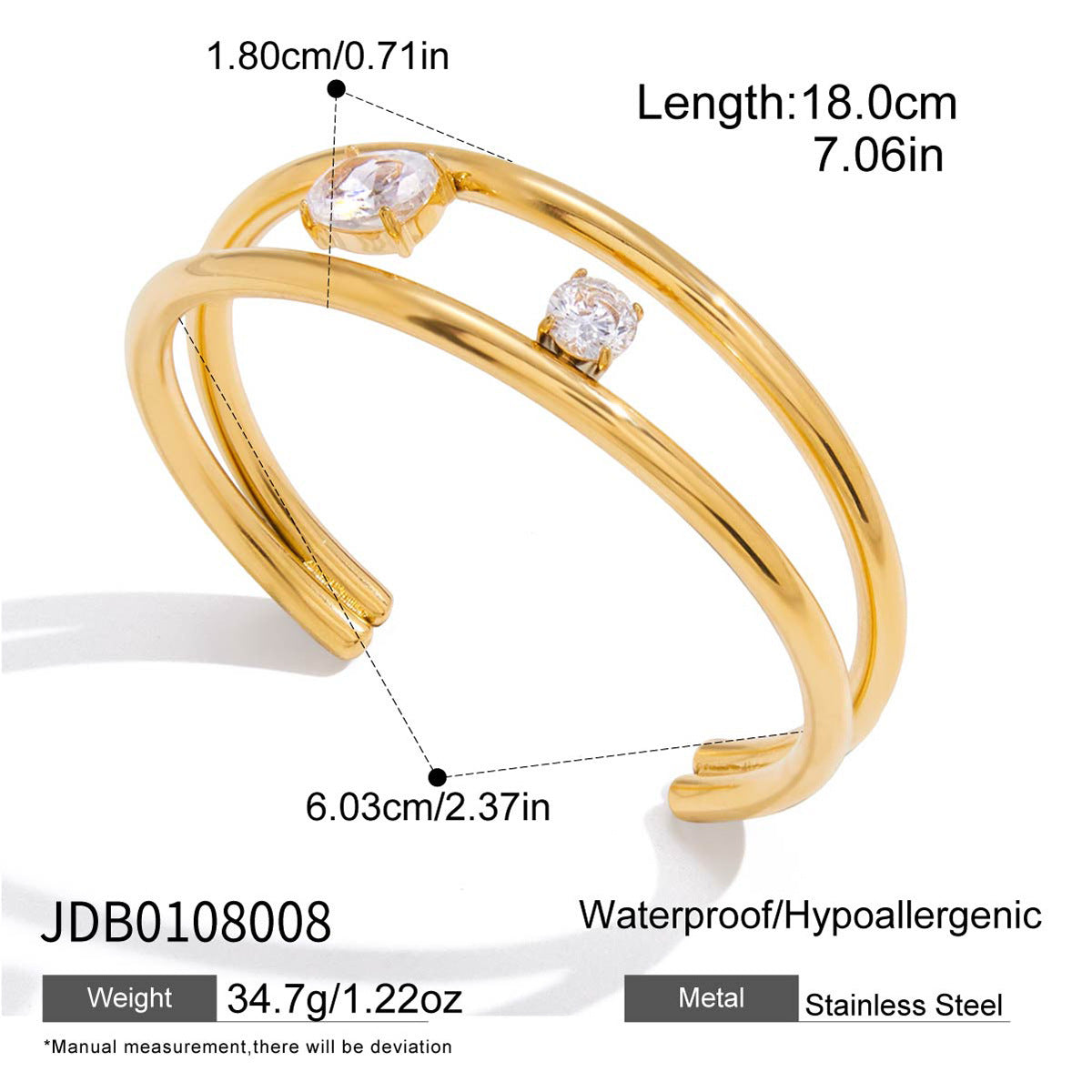 Pulsera geométrica de acero de titanio con incrustaciones de circonita chapada en oro de 18 quilates, pulsera de mano de lujo de acero inoxidable