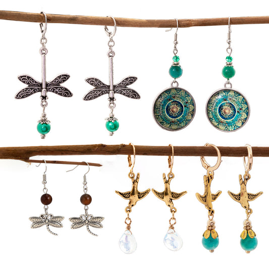 Aretes de borla con diseño de pájaro de ópalo vintage étnico, de aleación de zinc con acabado galvanizado para mujer