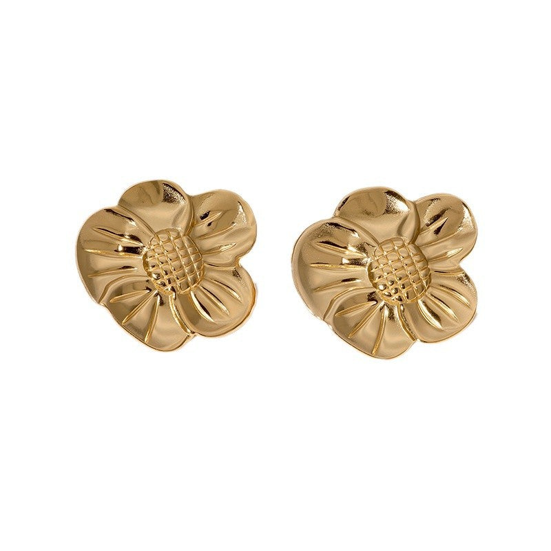 Fashion 18K Gold Plated Stainless Steel Floral Stud Earrings for Women