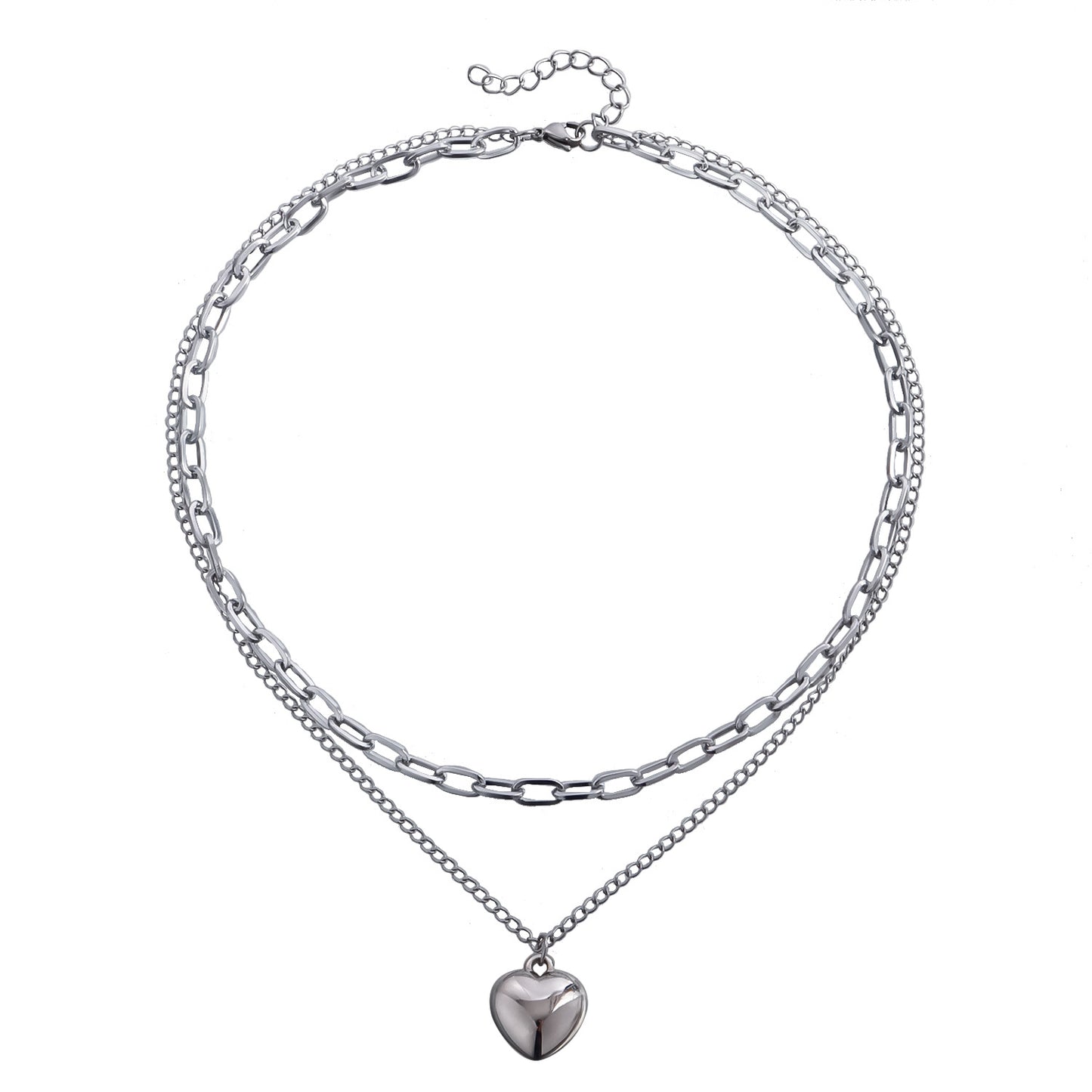 Minimalist Double-Layer Heart Pendant Necklace for Women with Geometric Shape Alloy Chain and Electroplated Finish