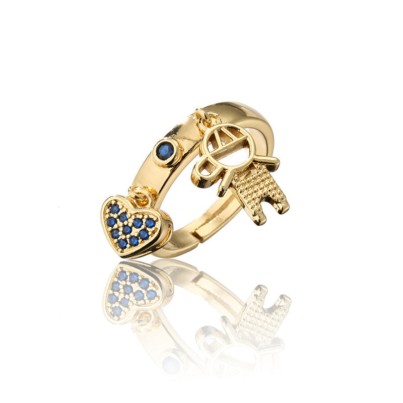 Sweet Cartoon Heart Geometric Micro-Inlaid Cubic Zirconia 18K Gold Plated Brass Ring for Women